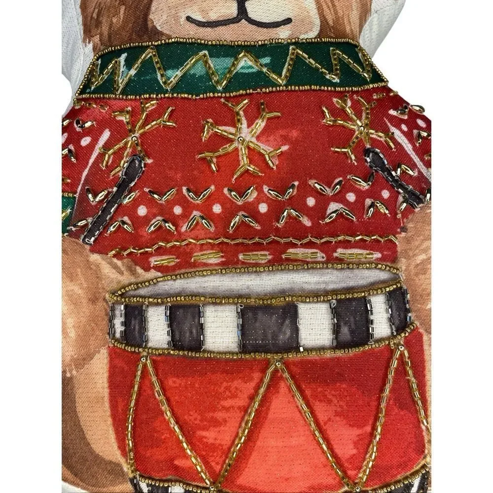 Nwt Beaded Christmas Teddy Bear Drum Pillow 14x18 India Holiday Decor Holiday